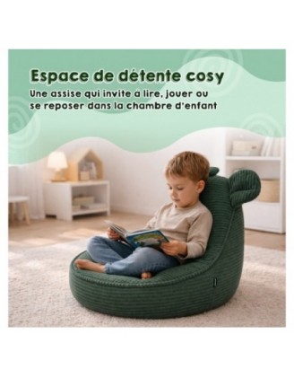 Pouf Enfant avec Oreilles de Souris | Velours côtelé | 68x68x50 cm | Vert Forêt