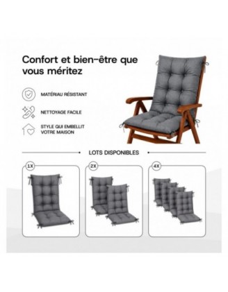 Set de 2 Coussins Chaise Jardin Dossier Haut | Imperméables | 120x50x10 cm | Gris