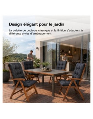 Set de 4 Coussins Chaise Jardin Dossier Haut | Imperméables | 120x50x10 cm | Noir