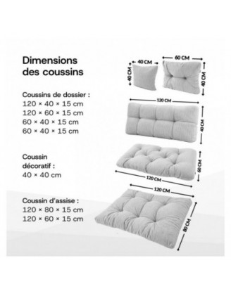 Coussin de dossier matelassé pour palettes | Velours côtelé | 120x40 cm | Couleur gris