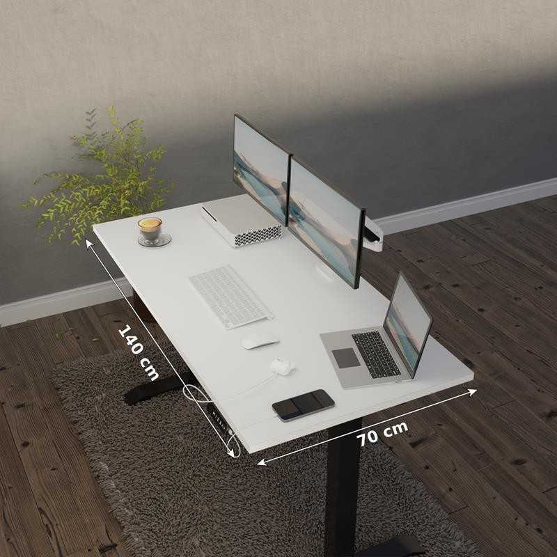 Bureau assis-debout réglable électriquement, 140x70 cm, cadre blanc -  drap blanc